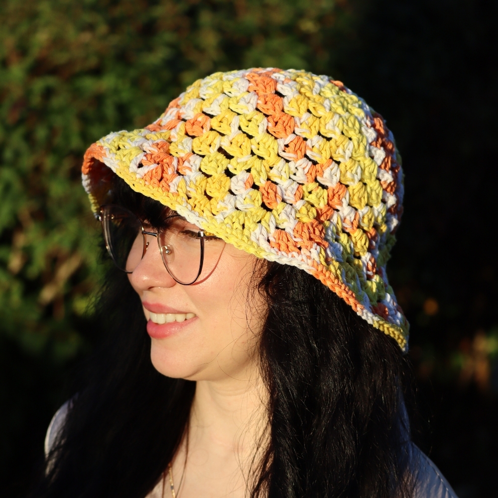 Yellow and Orange Crochet Bucket Hat - NEW